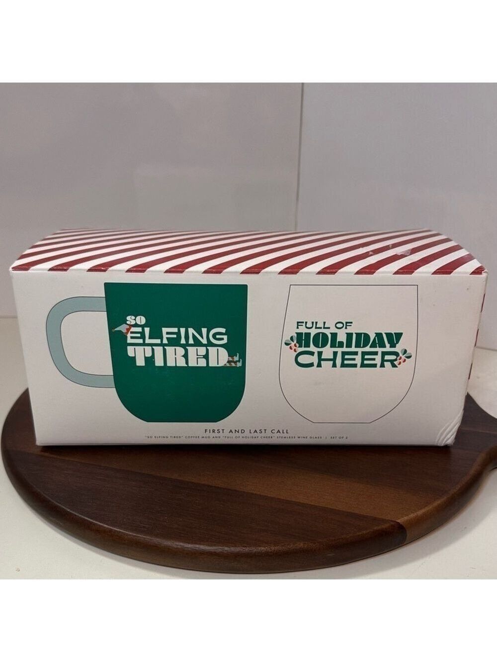 BNIB Indigo Christmas “So Elfing Tired” Mug & “Full of Holiday Cheer”Wine Glass